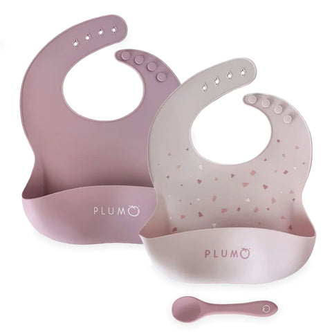 PLUM 3 Piece Silicone Bib and Spoon Set - Ass