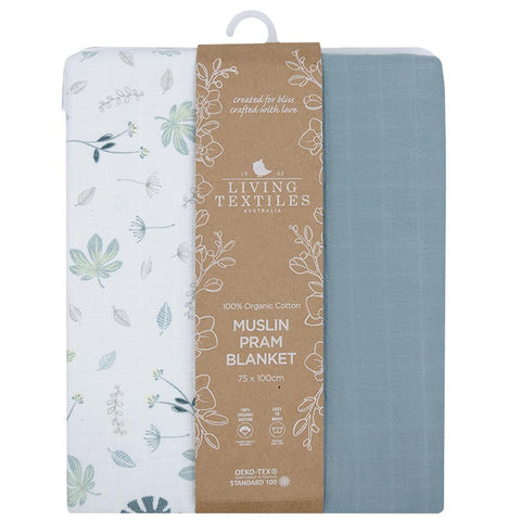 Living Textiles Organic Muslin Pram Blanket - Banana Leaf/Teal
