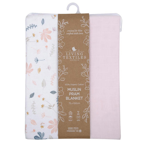 Living Textiles Organic Muslin Pram Blanket - Botanical/Blush